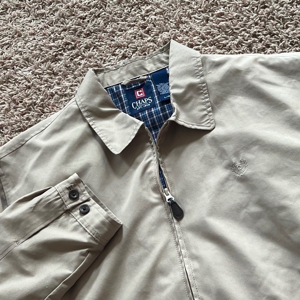 Chaps Mens Tan Harrington Jacket Plaid Lined Full Zip Windbreaker Beige Large
